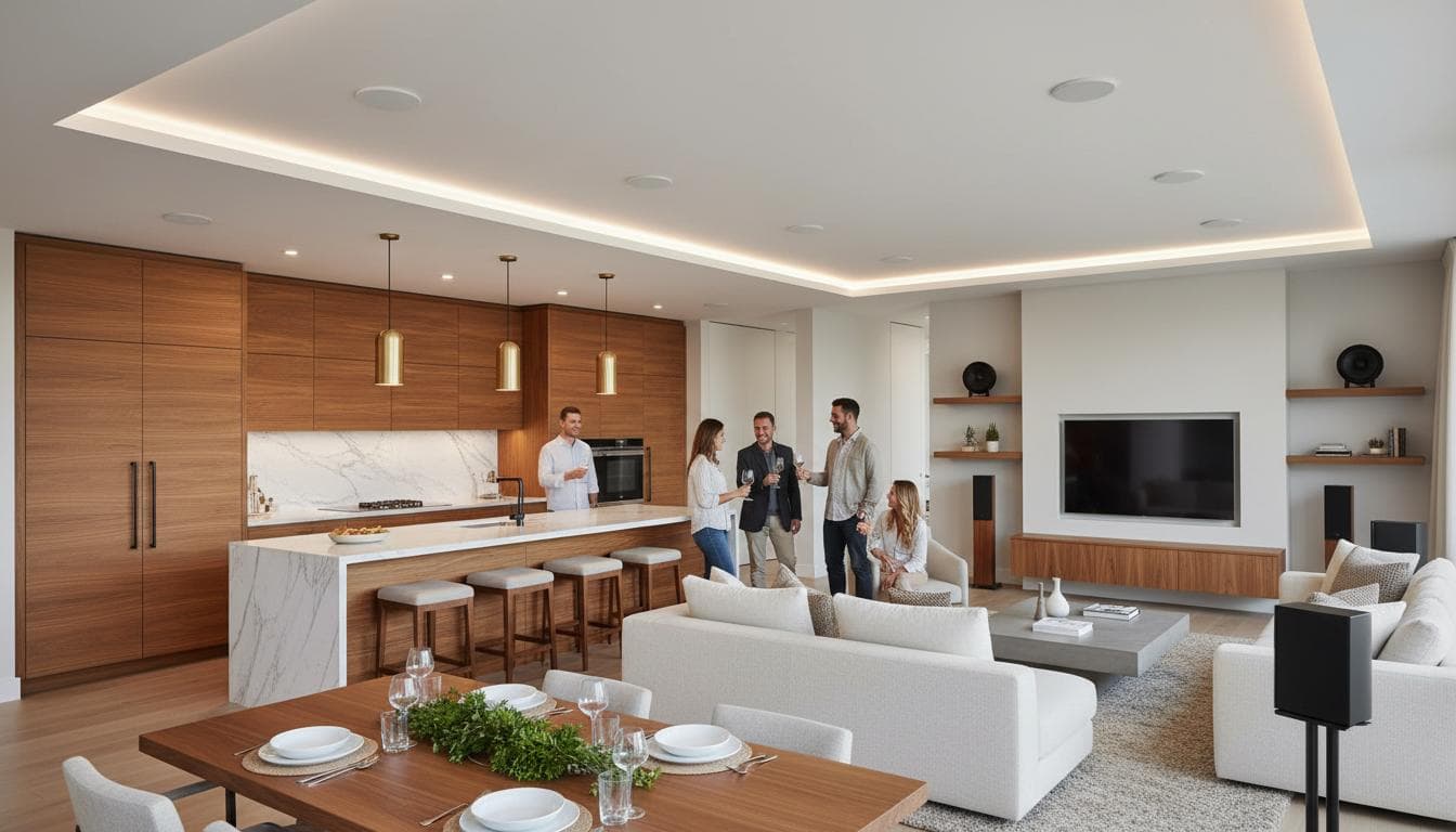 In-ceiling audio zone in an open kitchen and living area
