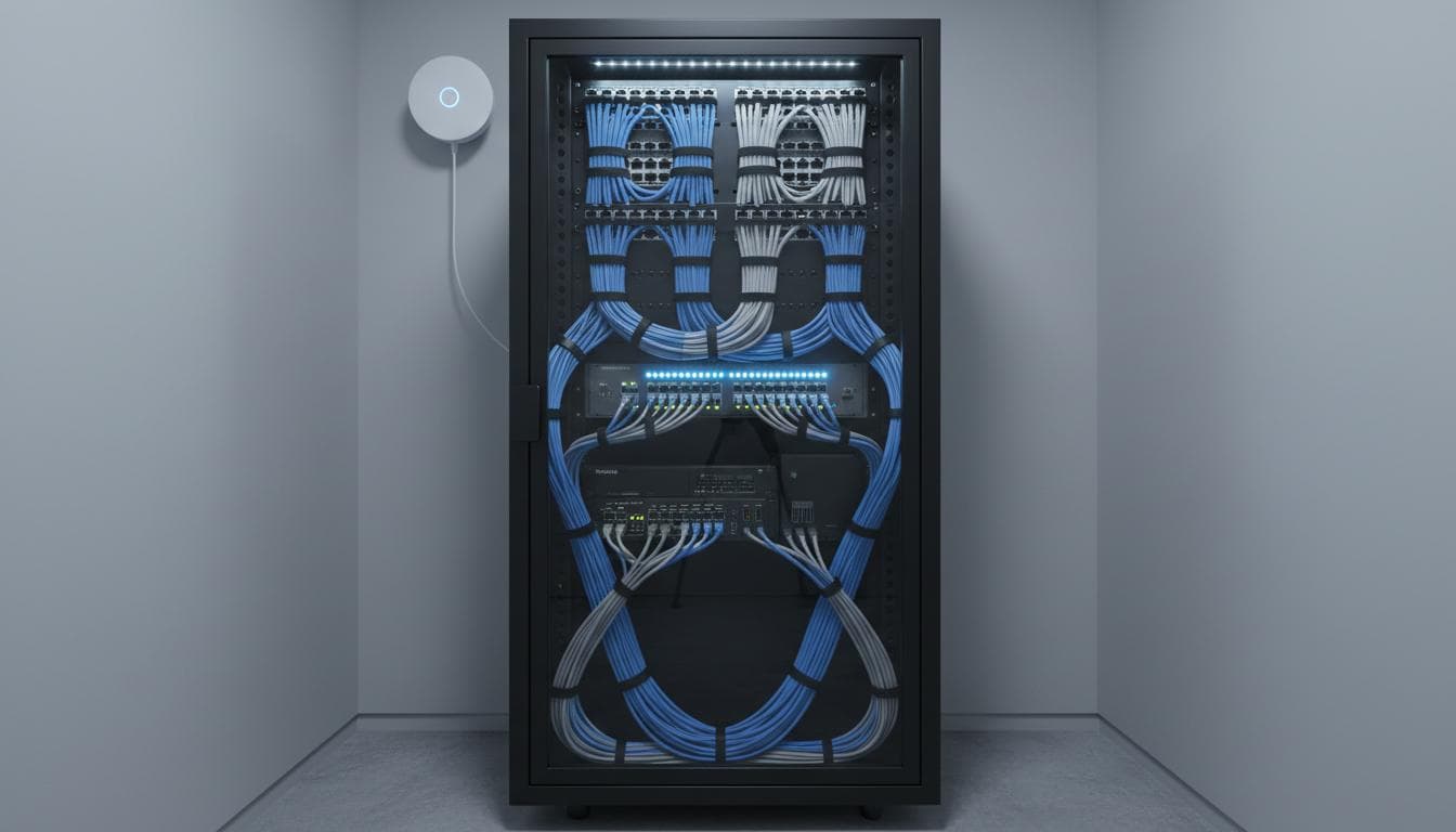 Structured wiring and network equipment in a labelled rack