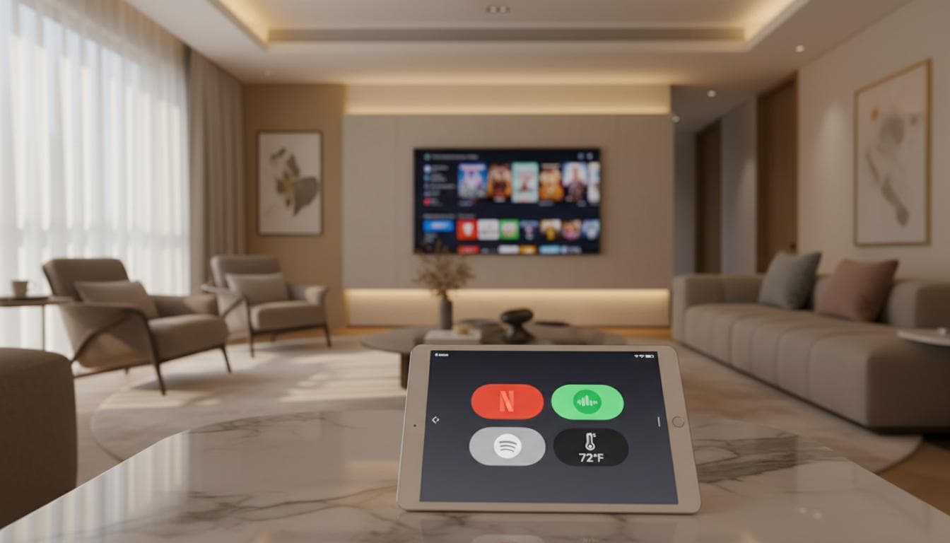Calgary living room with integrated lighting, audio and television