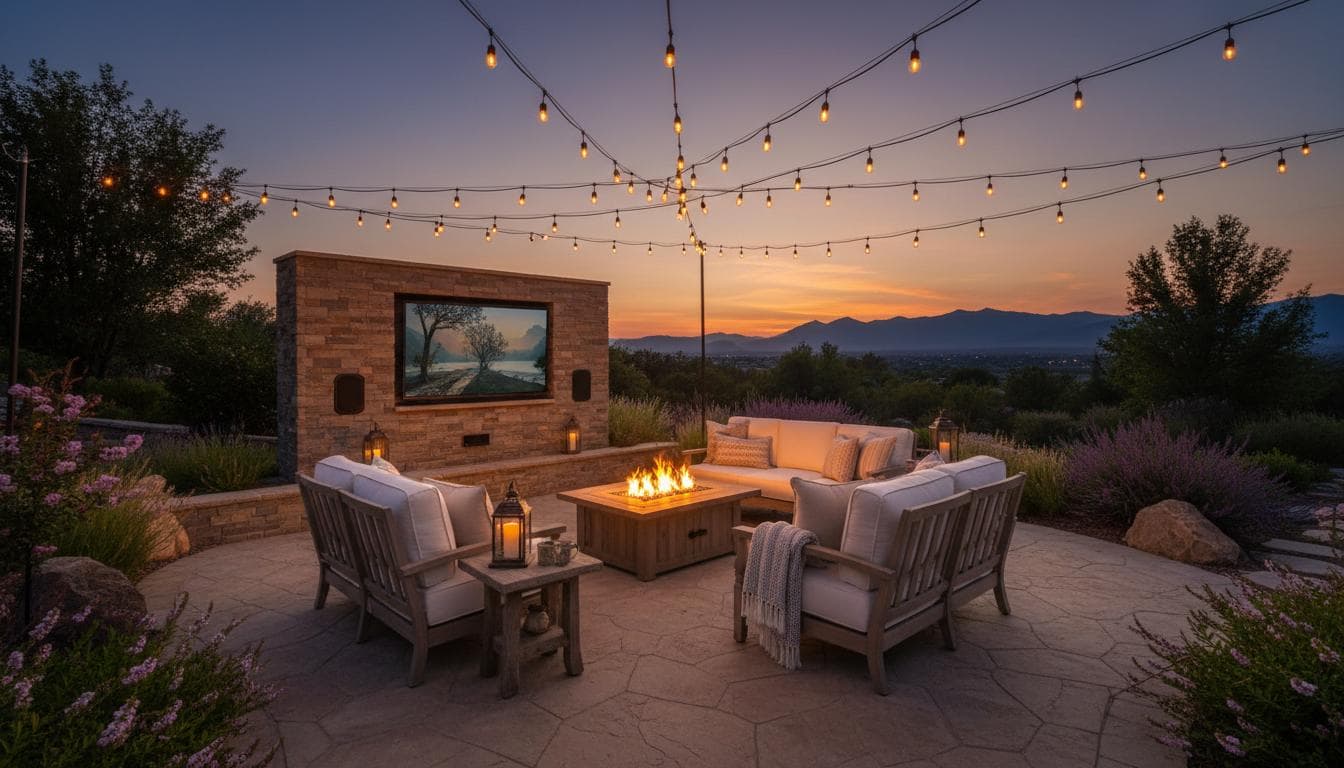 Outdoor patio with an exterior display and landscape audio