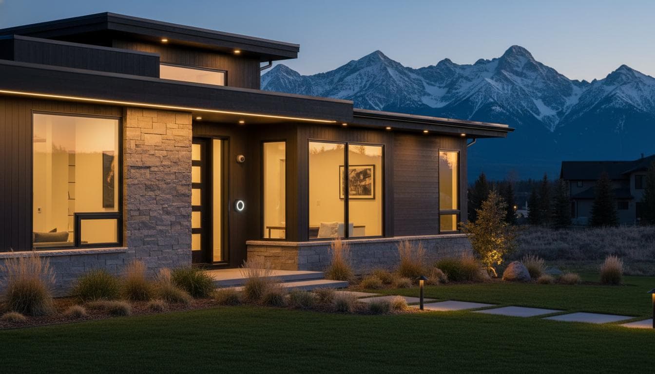 Home entrance at dusk with a video doorbell and exterior camera