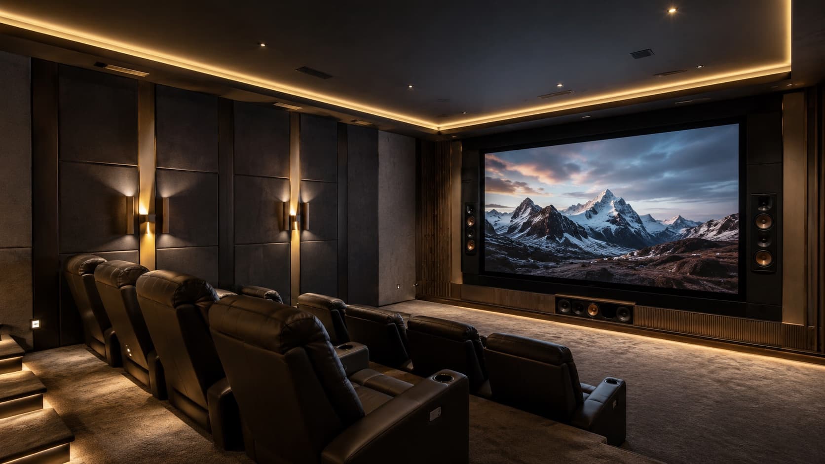 Home theatre with tiered seating facing a large screen